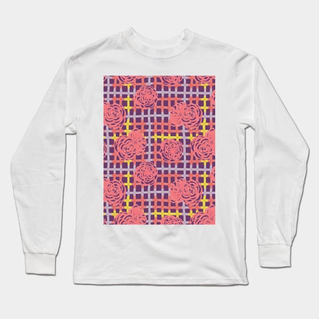 Roses on Plaid Pattern - Purple Long Sleeve T-Shirt by MitaDreamDesign